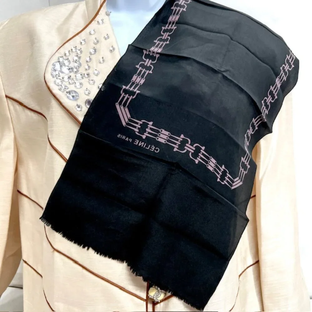 Celine silk scarf rayon length 47" x10" Authentic Black gold logo Fringe ( 47) - Picture 4 of 7
